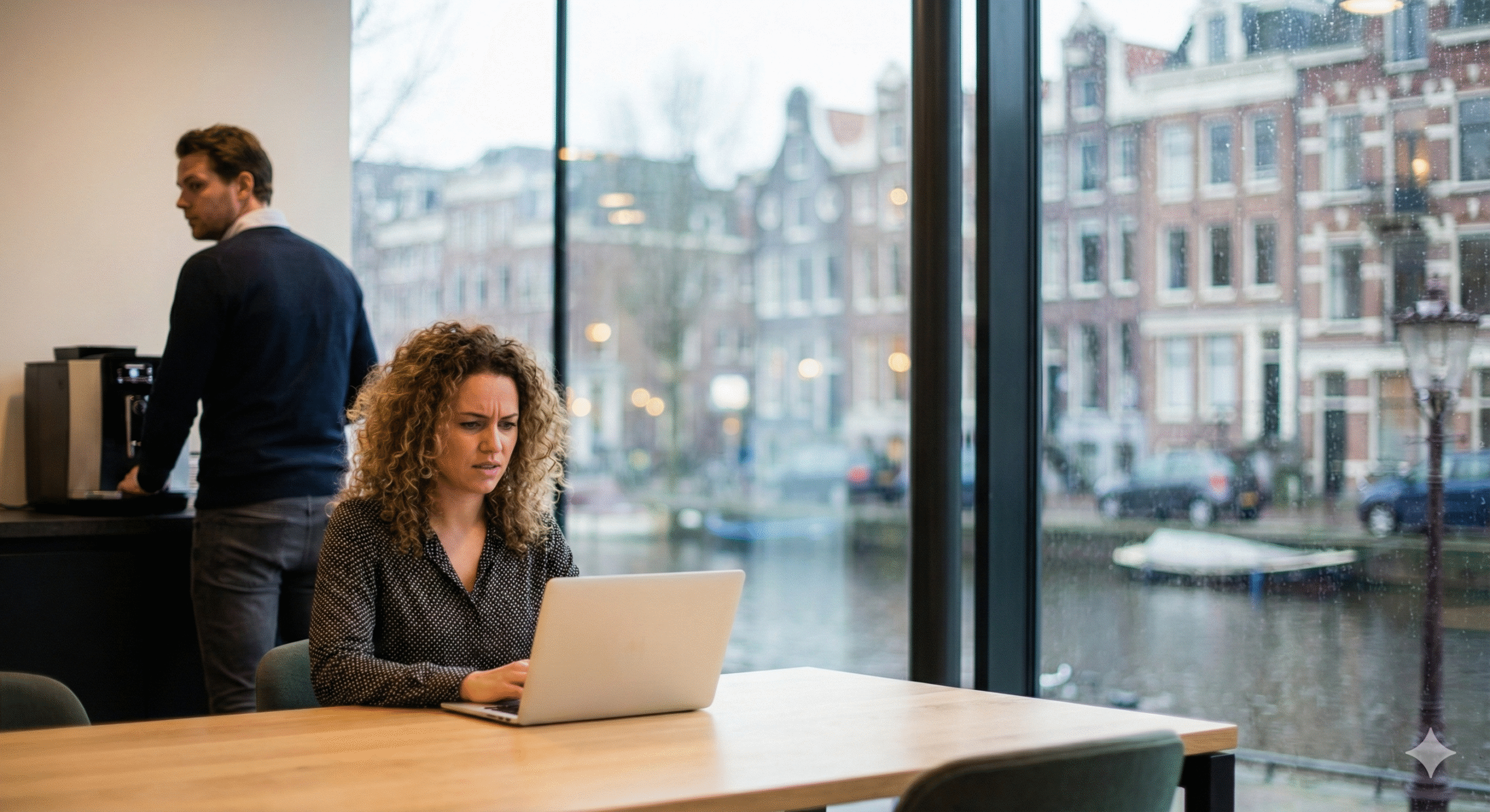 Een gespannen vrouw met krullend haar achter een laptop in een Nederlands kantoor, terwijl een mannelijke collega op de achtergrond haar een kille blik toewerpt. Illustratie van onveilig voelen na grenzen stellen op het werk.